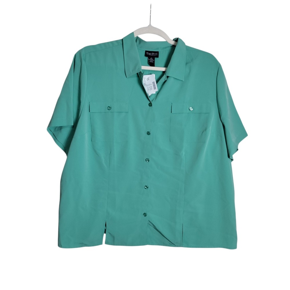 Maggie Barnes Essentials Aqua Green Button Down Shirt Womens 3X Short Sleeve